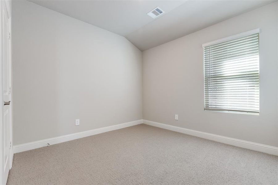 Empty room featuring lofted ceiling and carpet flooring