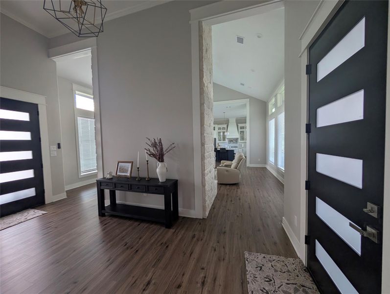 Entry Foyer showes a single back door to the summer kitchen and to the left, Double custom doors.