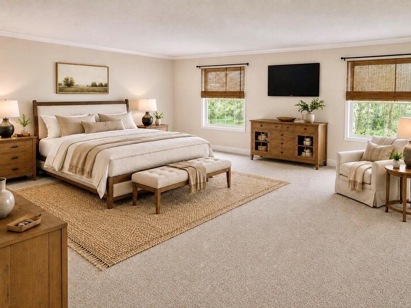 The primary bedroom offers a spacious layout with multiple windows, natural light, and room for a large bed, nightstands, and additional furniture. The neutral design and open floor space help create a comfortable private retreat with flexible furniture placement. * Photo rendering shown as home is currently under construction | Final appearance may vary * The primary bedroom offers a spacious layout with multiple windows, natural light, and room for a large bed, nightstands, and additional furniture. The neutral design and open floor space help create a comfortable private retreat with flexible furniture placement. * Photo rendering shown as home is currently under construction | Final appearance may vary *