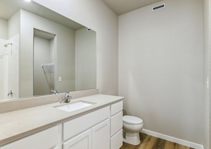 The master bathroom has a large vanity and a step in shower and soaking tub.