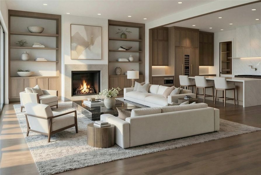 Rendering: Living room is situated right next to chef's kitchen allowing for easy entertainment and living.