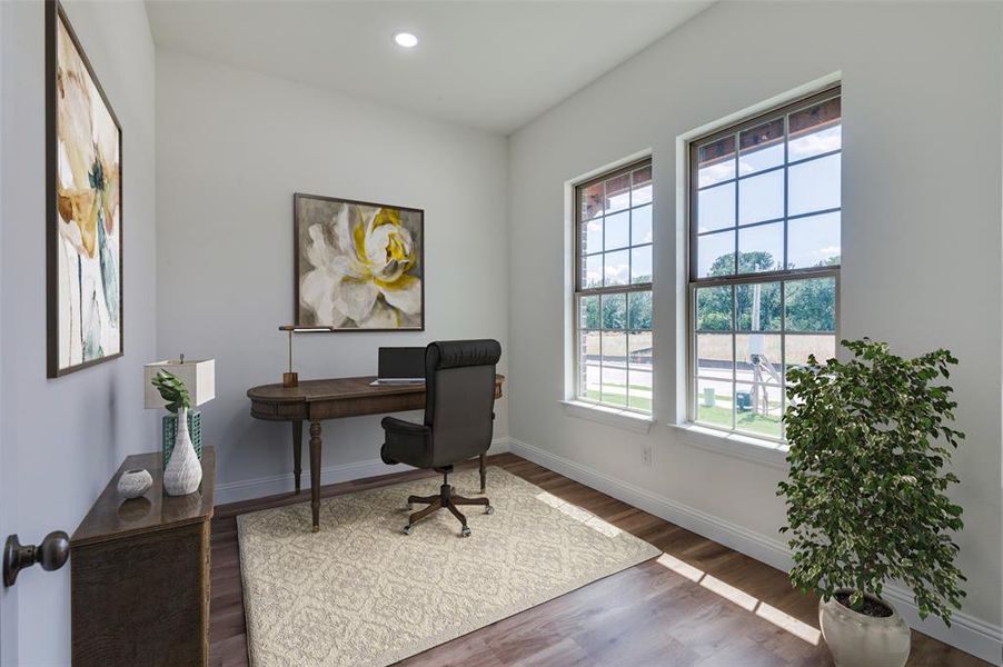 Virtually Staged for Illustrative Purposes.
Office space featuring a wealth of natural light and dark hardwood / wood-style floors