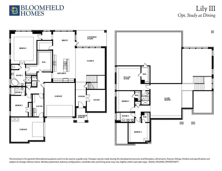 Bloomfield Homes Lily III two-story floor plan with 4 bedrooms, game room, in-law suite, and optional study at dining room.
