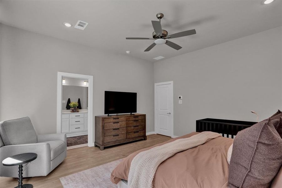 The primary bedroom is a private escape tucked away from the main living areas, perfect for effortless, lock-and-leave living. The primary bedroom is a private escape tucked away from the main living areas, perfect for effortless, lock-and-leave living.