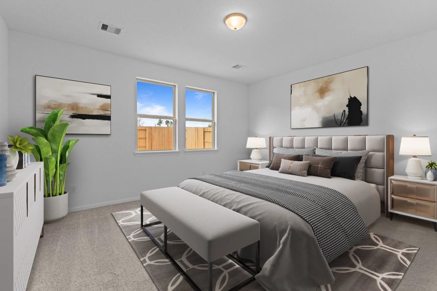 Primary bedroom. Note: Sample product photo. Actual exterior and interior selections may vary by homesite. Photo may be virtually staged