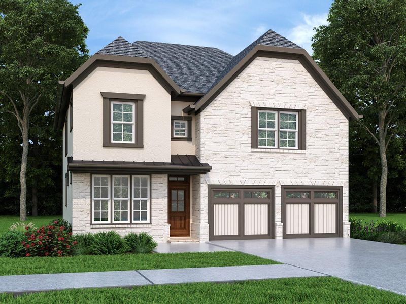 View of front of home featuring stone veneer, metal awning, concrete driveway, stucco siding, and attached garage