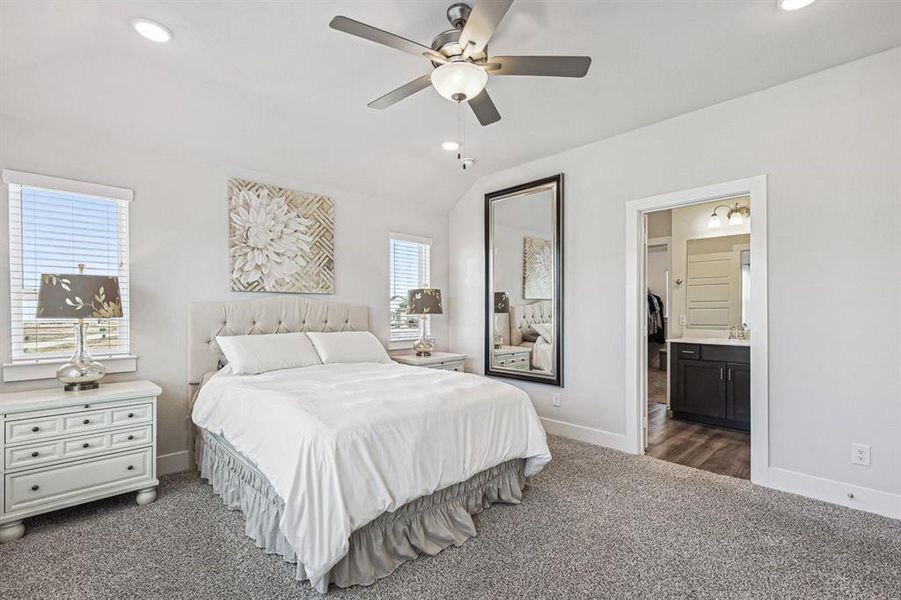 Carpeted bedroom with ensuite bath, ceiling fan, and multiple picture windows