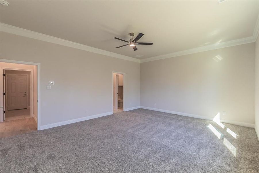 Empty room featuring light carpet, ceiling fan, and crown molding