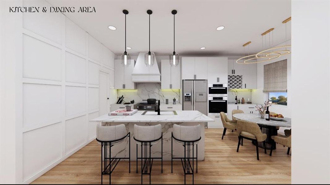 Kitchen with light wood-style floors, refrigerator with ice dispenser, white cabinets, custom exhaust hood, and backsplash Kitchen with light wood-style floors, refrigerator with ice dispenser, white cabinets, custom exhaust hood, and backsplash