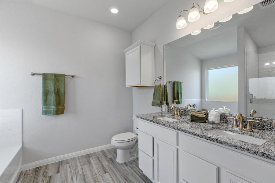 Bathroom featuring double vanity, a stall shower, a tub, light wood-style flooring, and recessed lighting