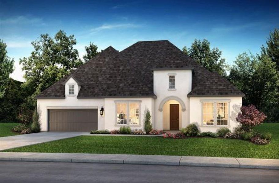 Front exterior of a new home in Meridiana 70', Manvel, TX, highlighting curb appeal (Image 1). Front exterior of a new home in Meridiana 70', Manvel, TX, highlighting curb appeal (Image 1).