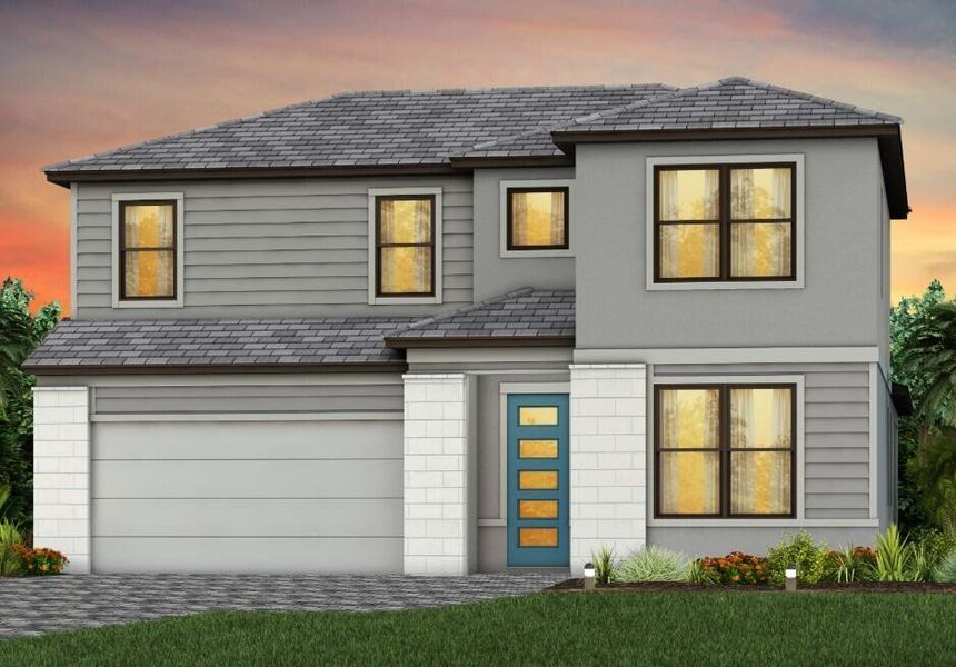 Front exterior of a new home in The Reserve at Eastpointe, Palm Beach Gardens, FL, highlighting curb appeal (Image 2). Front exterior of a new home in The Reserve at Eastpointe, Palm Beach Gardens, FL, highlighting curb appeal (Image 2).