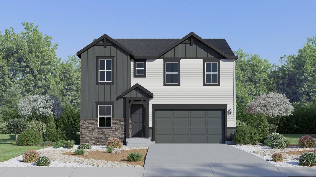 Front exterior of a new home in Prairie Song, Windsor, CO, highlighting curb appeal (Image 1). Front exterior of a new home in Prairie Song, Windsor, CO, highlighting curb appeal (Image 1).