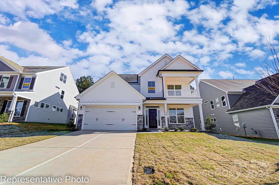 Homesite 350 features a Cypress H floorplan with second story porch and front-load garage.