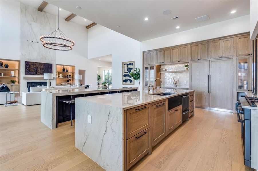 Kitchen featuring light stone countertops, a fireplace, light hardwood / wood-style flooring, an island with sink, and sink