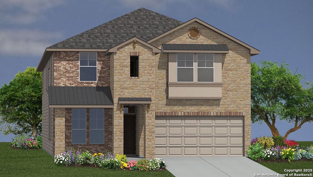 Front exterior of a new home in Riverstone at Westpointe, San Antonio, TX, highlighting curb appeal (Image 1).