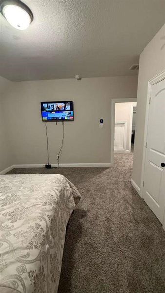 Bedroom featuring carpet flooring and a textured ceiling