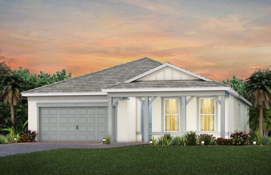 Front exterior of a new home in Del Webb Oak Creek, Fort Myers, FL, highlighting curb appeal (Image 28).