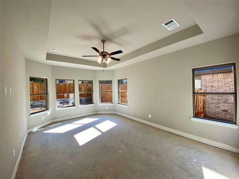 Large master bedroom offers bay window with tree view, tray ceiling, and ceiling fan