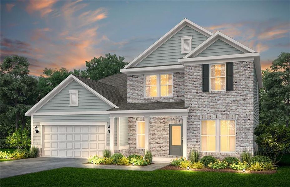 Front exterior of a new home in Haverhill Estates, Dacula, GA, highlighting curb appeal (Image 1).