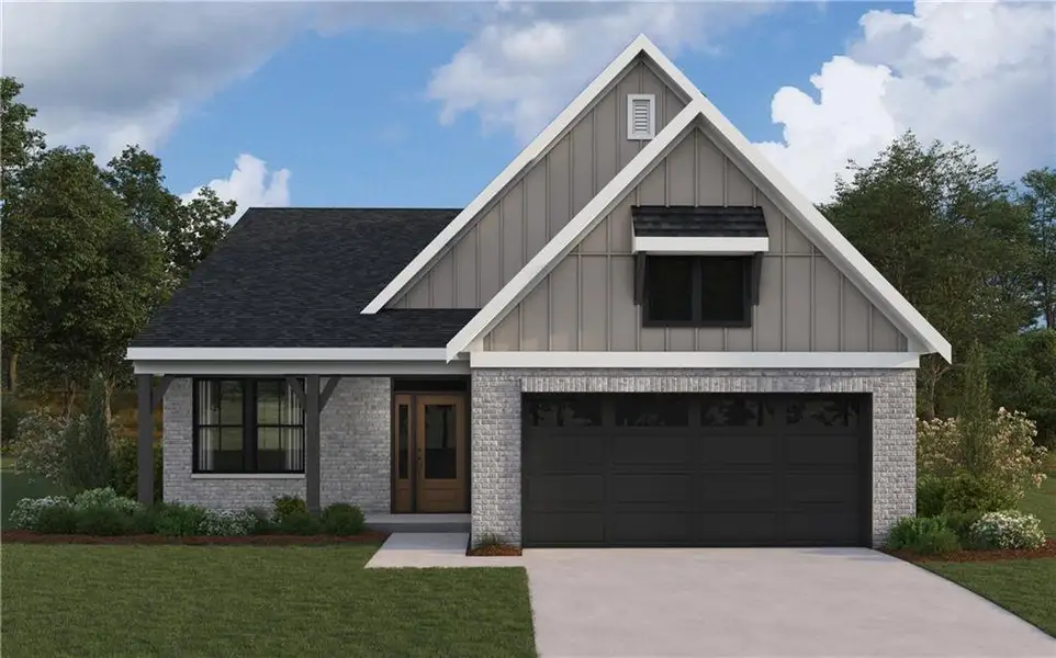 Front exterior of a new home in Laurel Farms, Dallas, GA, highlighting curb appeal (Image 1). Front exterior of a new home in Laurel Farms, Dallas, GA, highlighting curb appeal (Image 1).