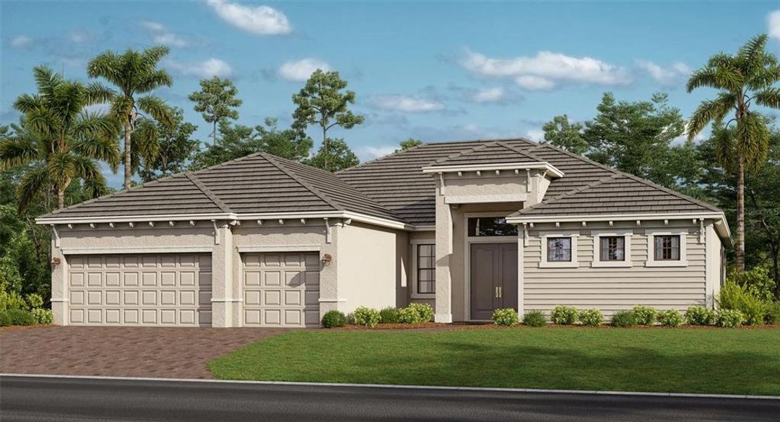 Front exterior of a new home in Wellen Park Golf & Country Club, Venice, FL, highlighting curb appeal (Image 1). Front exterior of a new home in Wellen Park Golf & Country Club, Venice, FL, highlighting curb appeal (Image 1).
