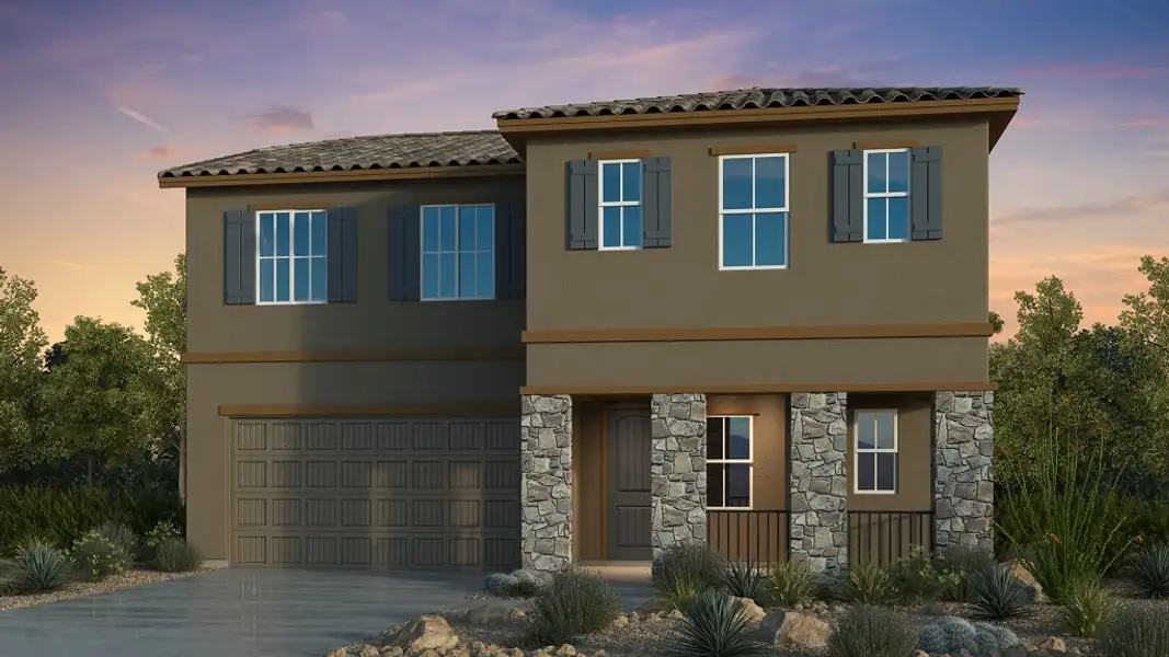 Front exterior of a new home in Hawes Crossing, Mesa, AZ, highlighting curb appeal (Image 1). Front exterior of a new home in Hawes Crossing, Mesa, AZ, highlighting curb appeal (Image 1).