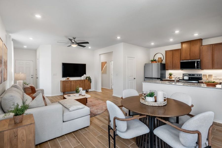 Representative furnished interior of a home built from the Plan 1360 Modeled by KB Home in Creekside at Estancia, Austin (Image 5). Representative furnished interior of a home built from the Plan 1360 Modeled by KB Home in Creekside at Estancia, Austin (Image 5).