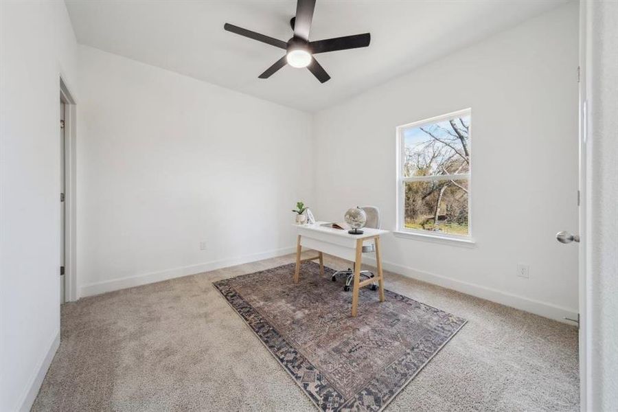 Home office or 3rd bedroom (2nd floor) featuring ceiling fan and carpet flooring