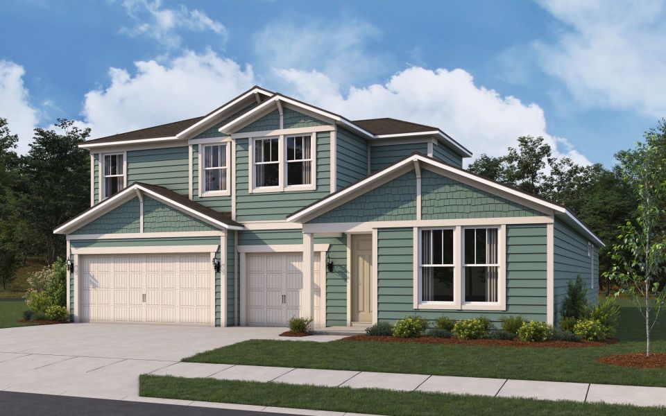 Representative exterior photo of a completed home built from the Mahogany Grand by Pulte Homes in Terrapin Creek, Jacksonville, FL (Image 17). Representative exterior photo of a completed home built from the Mahogany Grand by Pulte Homes in Terrapin Creek, Jacksonville, FL (Image 17).