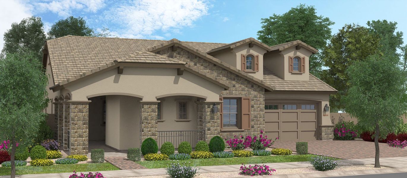 Representative exterior photo of a completed home built from the Monterey Pine by Fulton Homes in Fields at Barney Farms, Queen Creek, AZ (Image 4).