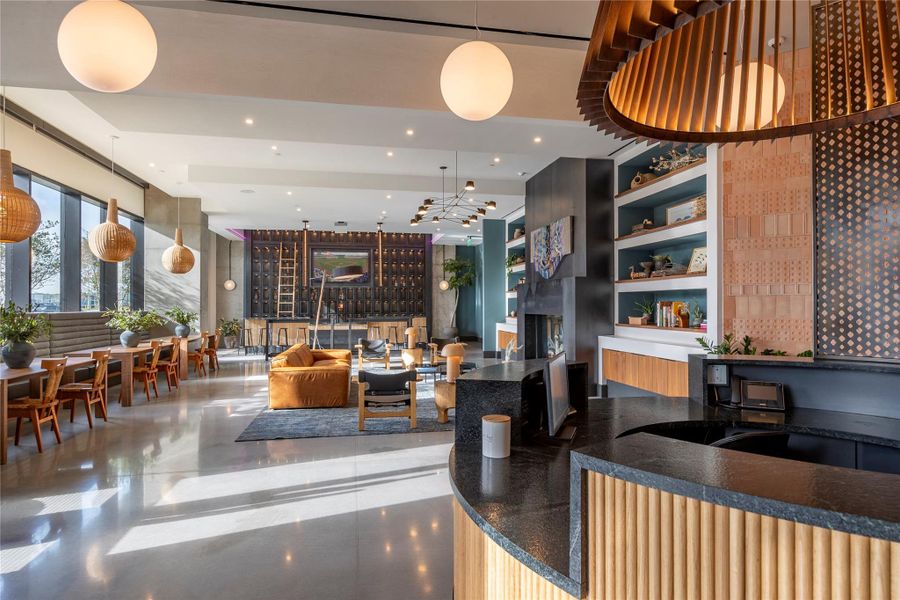 The lobby at Vesper invites residents to connect with neighbors, friends, and family.