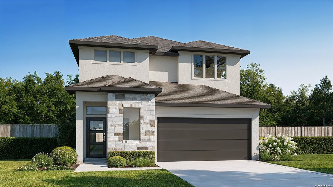Front exterior of a new home in The Parklands, Schertz, TX, highlighting curb appeal (Image 1). Front exterior of a new home in The Parklands, Schertz, TX, highlighting curb appeal (Image 1).