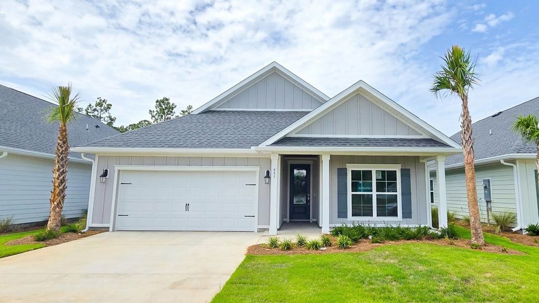 Front exterior of a new home in Breakfast Point East Phase II, Panama City Beach, FL, highlighting curb appeal (Image 1). Front exterior of a new home in Breakfast Point East Phase II, Panama City Beach, FL, highlighting curb appeal (Image 1).