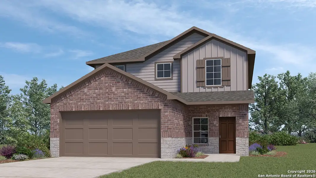 Front exterior of a new home in Laurel Vistas, San Antonio, TX, highlighting curb appeal (Image 1). Front exterior of a new home in Laurel Vistas, San Antonio, TX, highlighting curb appeal (Image 1).