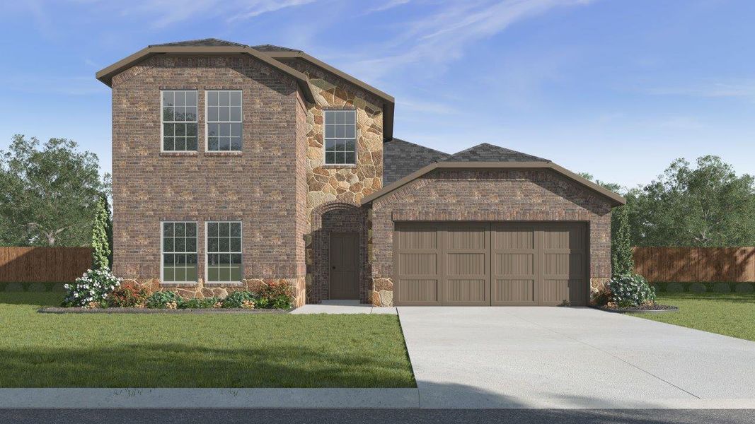 Front exterior of a new home in The Landing at Hidden Lakes, McKinney, TX, highlighting curb appeal (Image 1). Front exterior of a new home in The Landing at Hidden Lakes, McKinney, TX, highlighting curb appeal (Image 1).