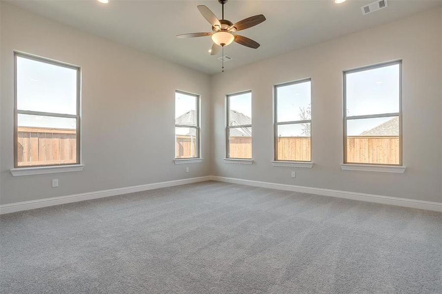 Unfurnished room with ceiling fan, plenty of natural light, and carpet