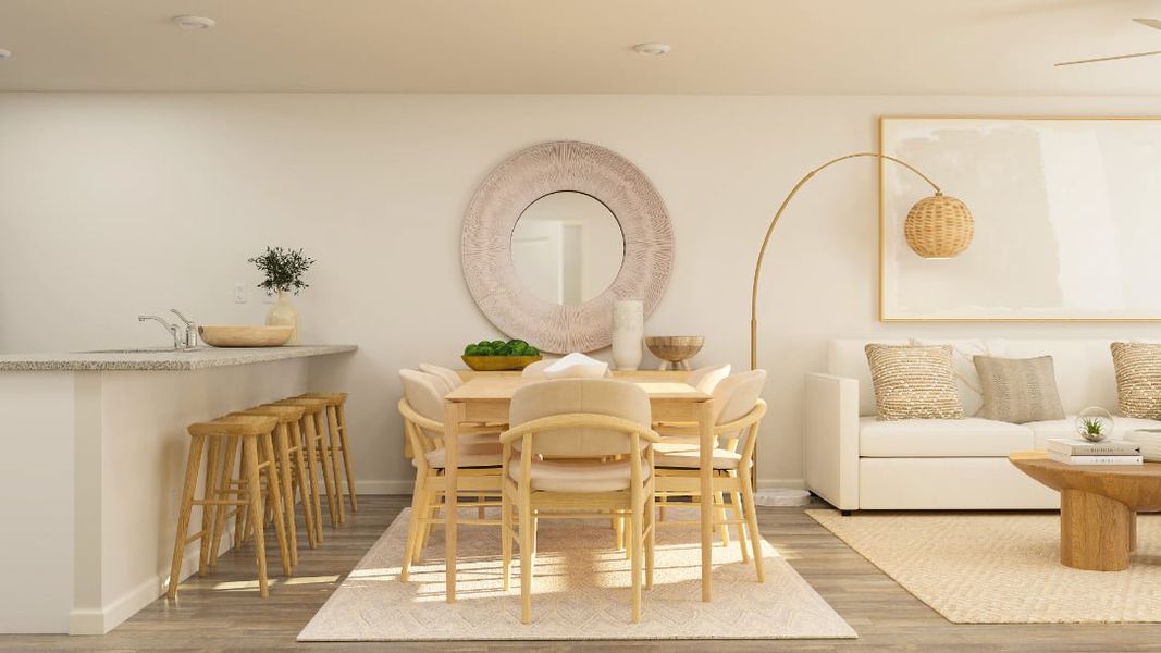 A room with a table and chairs.