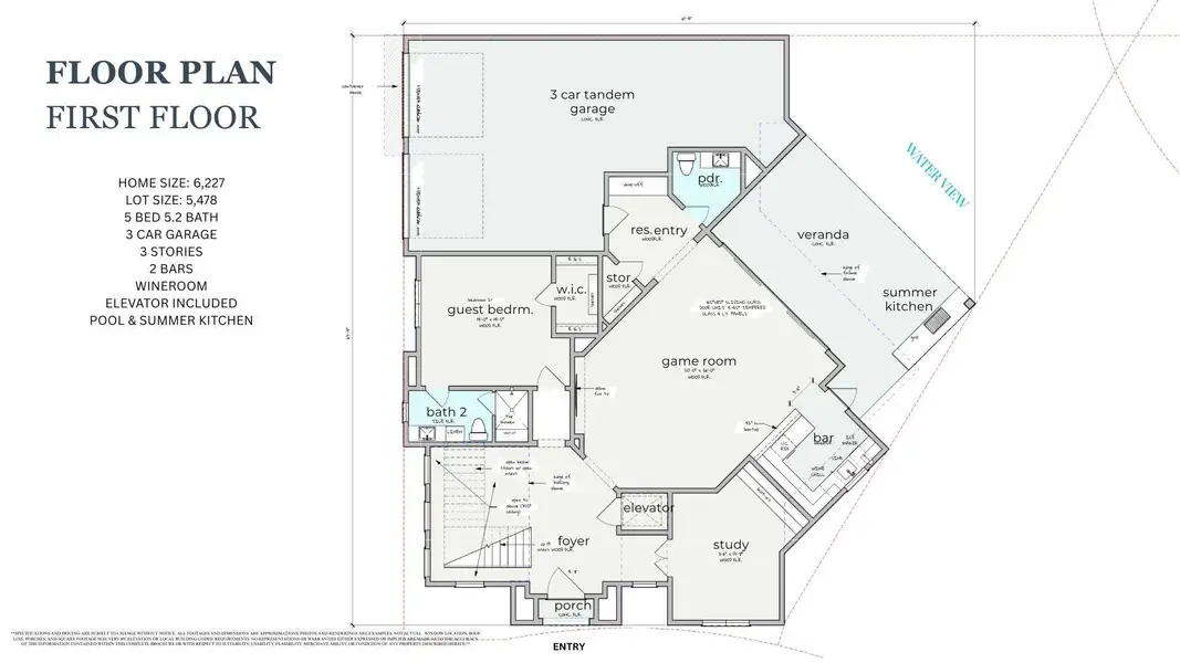 First Floor featuring a grand entrance, 3-Car Garage, Bedroom, Game Room, Bar, Powder Room, and sliding glass doors with unobstructed views of the Veranda, Summer Kitchen, Pool and Lake.