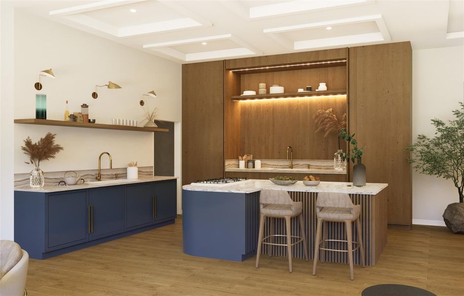 Stylish kitchen with waterfall island, wood accents, and sleek modern design.