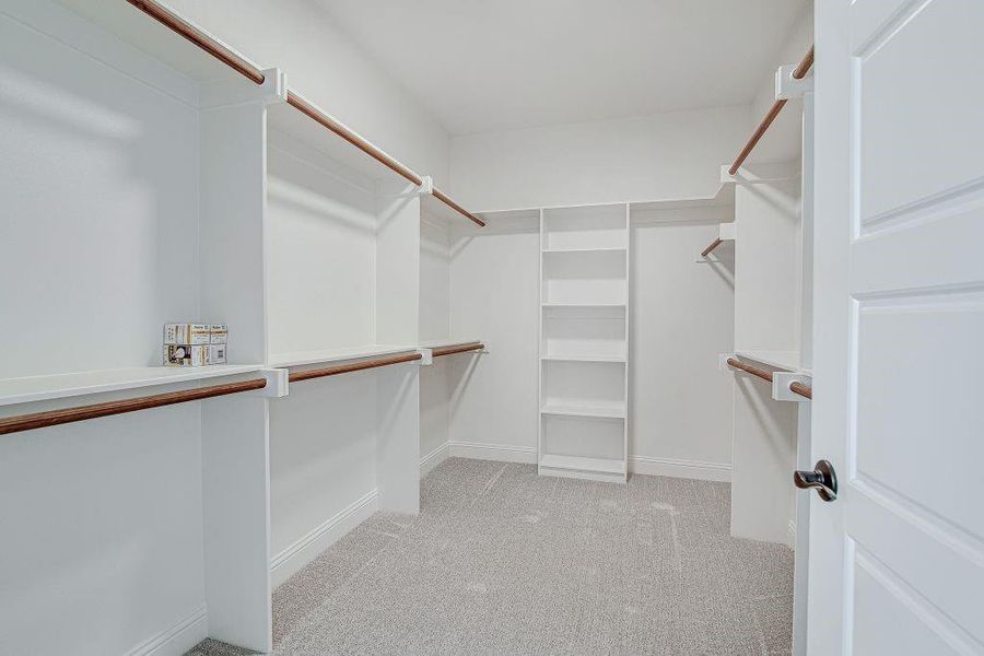 Walk in closet with light carpet