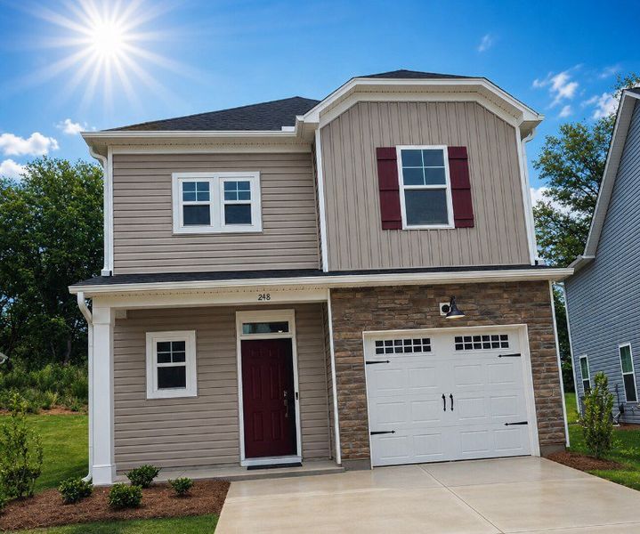 Front exterior of a new home in Brownstone Park, Easley, SC, highlighting curb appeal (Image 1). Front exterior of a new home in Brownstone Park, Easley, SC, highlighting curb appeal (Image 1).