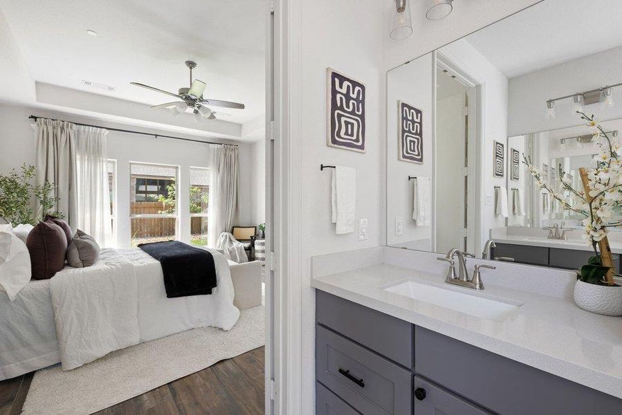 Step into a bedroom featuring a tray ceiling, ample windows, and wood flooring, with an adjacent bathroom offering a spacious vanity.