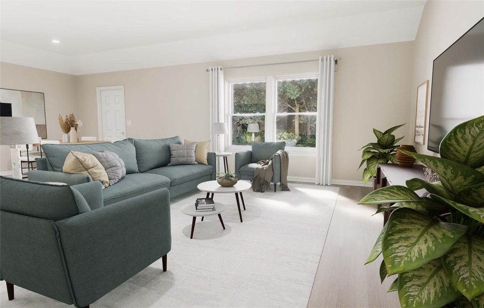 Living area featuring recessed lighting, light wood-type flooring, and baseboards