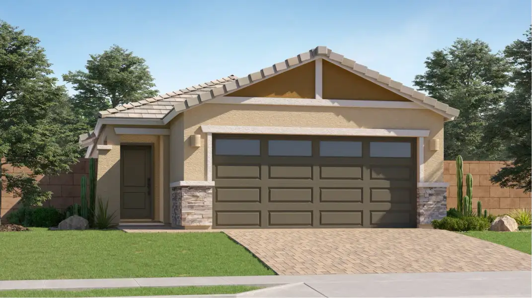 Front exterior of a new home in Anderson Farms, Maricopa, AZ, highlighting curb appeal (Image 1). Front exterior of a new home in Anderson Farms, Maricopa, AZ, highlighting curb appeal (Image 1).