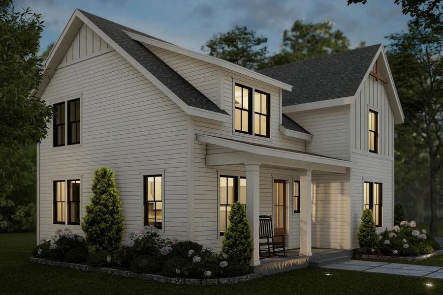 View of front of property featuring roof with shingles, a porch, board and batten siding, and a front yard