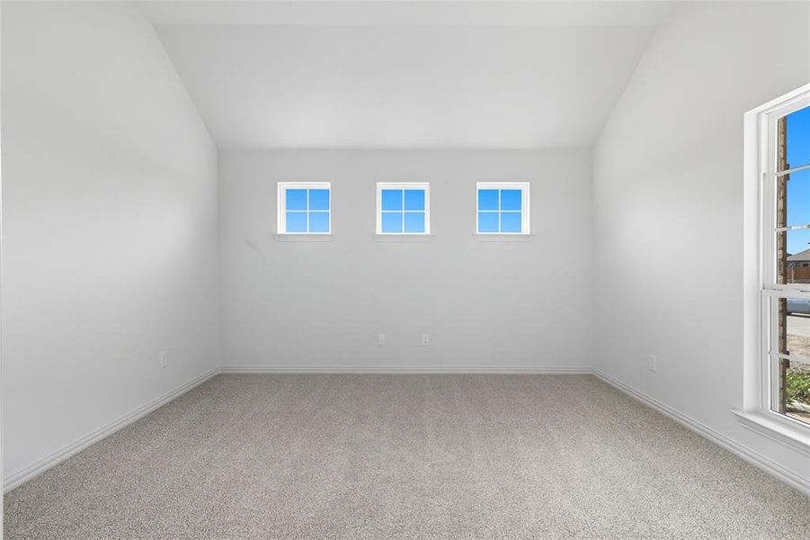 Empty room featuring lofted ceiling, light carpet, and plenty of natural light Empty room featuring lofted ceiling, light carpet, and plenty of natural light