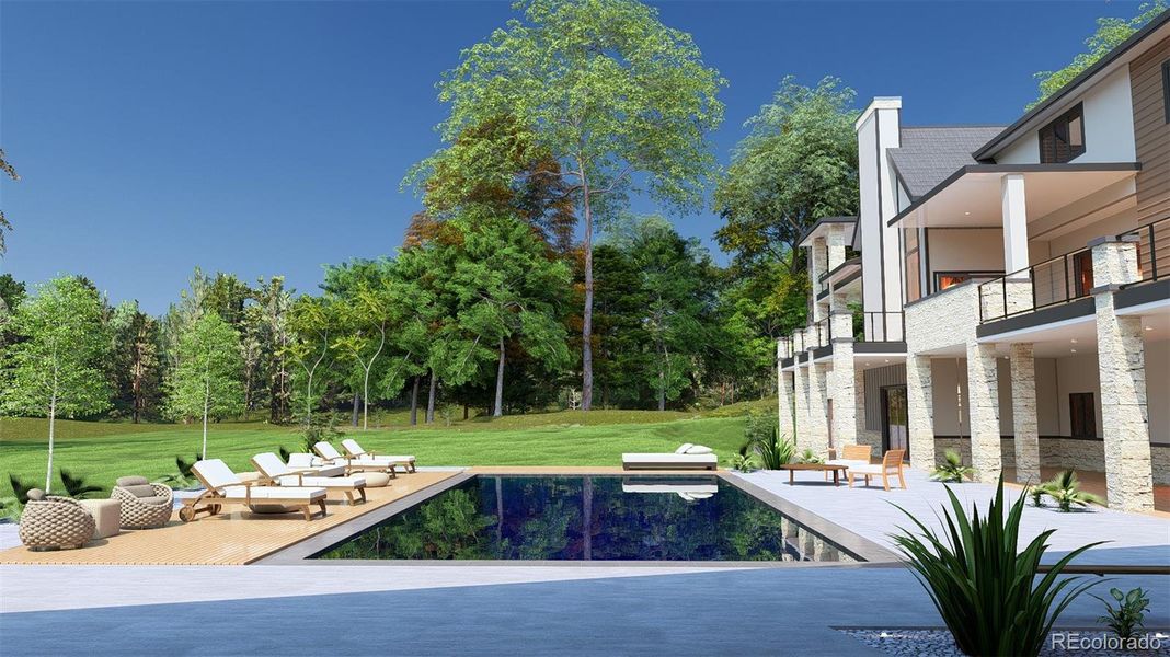 Rendering of stunning new custom estate showcasing resort style living, expertly crafted by Flatiron Development & Custom Homes.