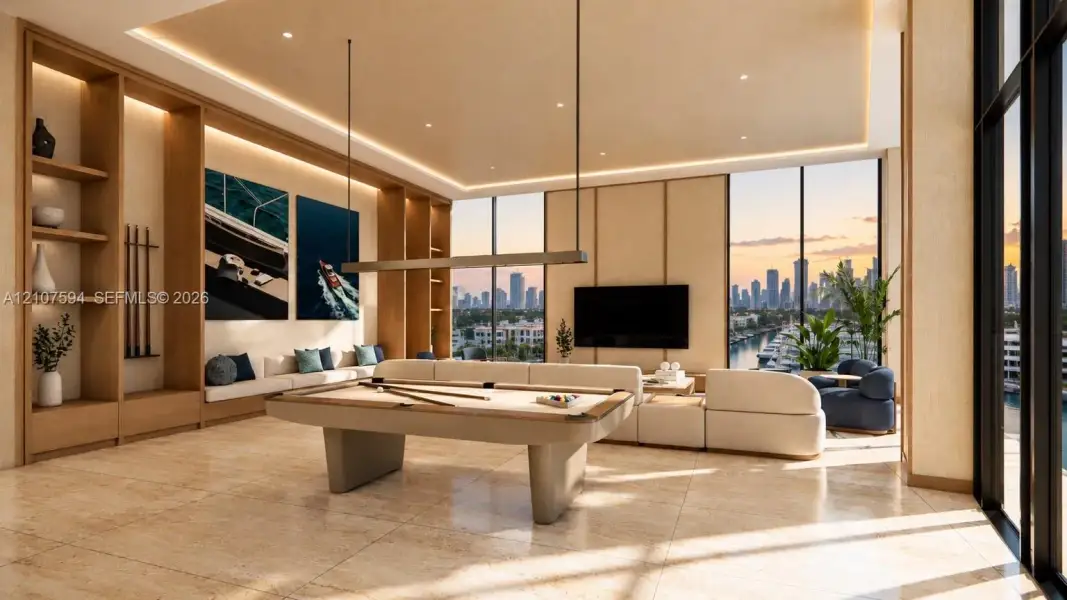 Custom floor-to-ceiling wood shelving, tile flooring, recessed cove lighting, and expansive floor-to-ceiling windows Custom floor-to-ceiling wood shelving, tile flooring, recessed cove lighting, and expansive floor-to-ceiling windows