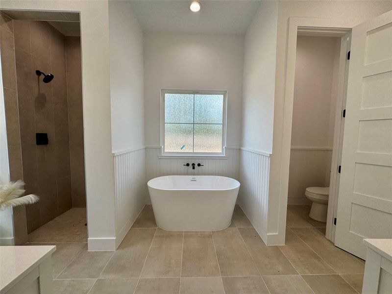 Bathroom featuring vanity, a walk in shower, a freestanding tub, a wainscoted wall, and recessed lighting Bathroom featuring vanity, a walk in shower, a freestanding tub, a wainscoted wall, and recessed lighting
